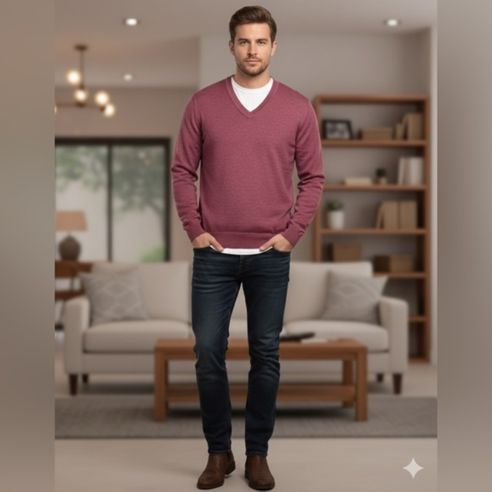 Black Brown 1826 Men’s Medium Red 100% Merino Wool Sweater Italy Classic VNeck M